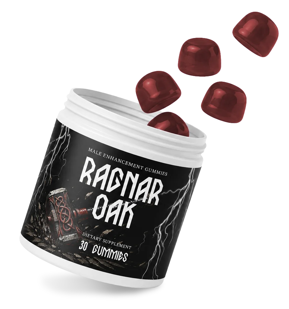 RagnarOak gummy jar tipped open with red male vitality gummies spilling out