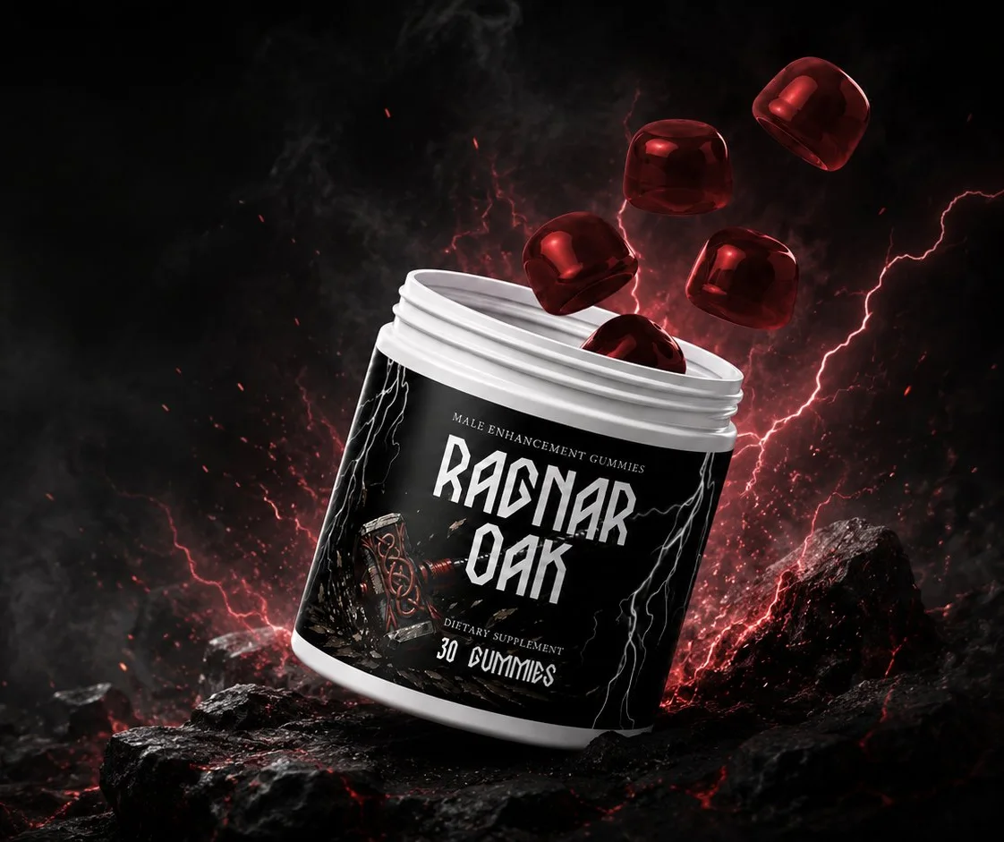 RagnarOak male enhancement gummies jar with red gummies rising above it on dark volcanic rock