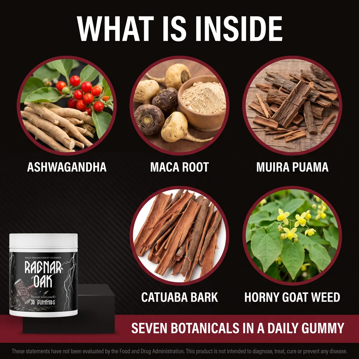 RagnarOak ingredients: ashwagandha, maca root and muira puama shown beside the bottle