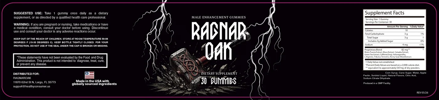 RagnarOak gummies label showing the Supplement Facts panel, 82 mg proprietary blend and suggested use